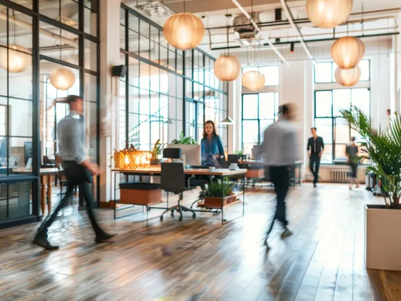 Vibrant modern office with dynamic people motion creating lively workplace atmosphere